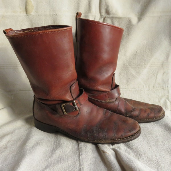 Men's 8 60s Brown Leather Engineer Boots / Gokey's St Paul MN Distressed Creased Cracker 1960s Ankle Strap Harness Biker