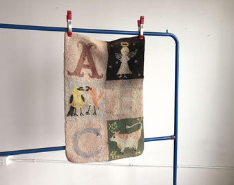 Vintage ABC Hooked Rug / Handmade Folk Art Accent Rug