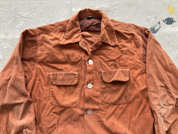 Large 50s / 60s Corduroy Loop Collar Shirt / Faded Rust Orange