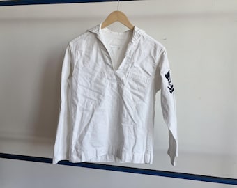 Small 50s US Navy Middy Sailor Top / Uniform Neck Flap Blouse White Cotton Shirt 1950s