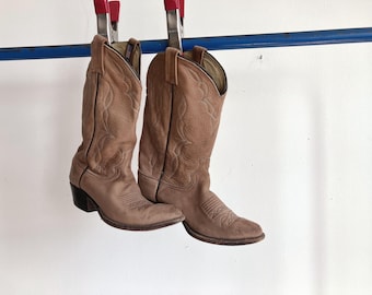 Men's 8 D Suede Dan Post Cowboy Boots / Brown Leather Embroidered