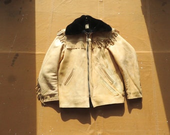 Medium 70s Buckskin Leather Fringe Jacket / Uber Owatonna Deer Skin 1970s Fleece Lined Western Men's Jacket
