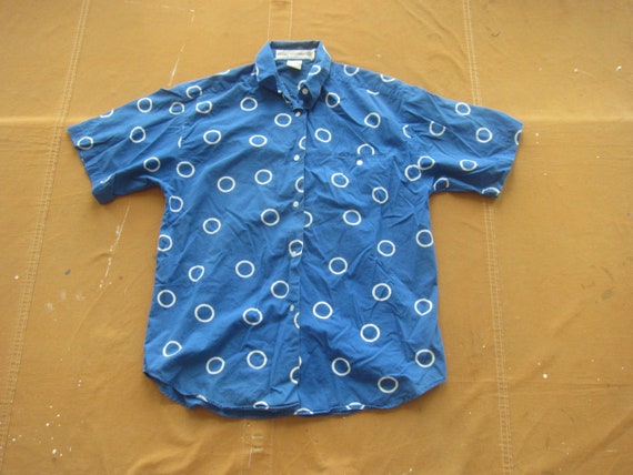 Large 90s Blue & White Polka Dot Cotton Shirt / S… - image 1