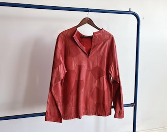 Small / Medium 80s Patchwork Red Suede & Leather Shirt / Hippie Unique Popover
