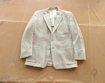 Medium 50s Herringbone Wool Striped Sport Coat / 1950s Richman Brothers Sportsmans Wool Flecked Cream White Patch Pockets Casual Jacket
