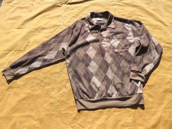 BigWeekend Large 70s Argyle Sweatshirt / Polo Shirt, Brown, Plaid, Diamond Pattern, Collared 1970s 1980s 80s, Polyester