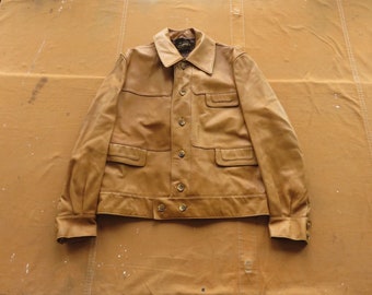 Grande veste de camionneur en cuir des années 70/cuir marron jaune court des années 70 Virany XL 46