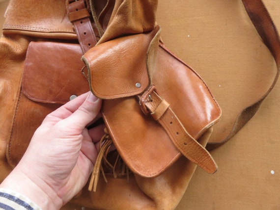 Large 70s Leather Backpack / Handmade XL Oversize… - image 3