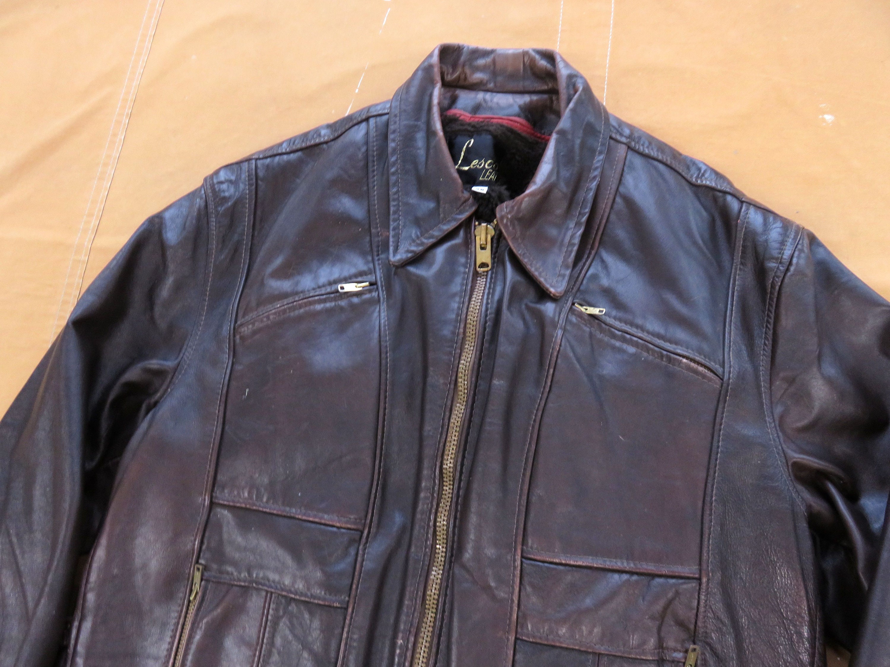 XL Size 48 70s Lesco Leather Brown Motorcycle Jacket 1970s