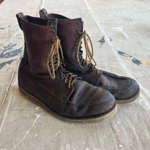 Botas masculinas Red Wing Moc Toe dos anos 70 / Botas de trabalho masculinas estilo Setter Irlandês de couro marrom dos anos 70