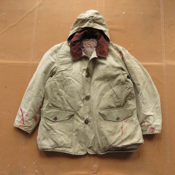 Medium 50s Down Hunting Parka / Paint Splattered 1940s 1950s Lined Insulated Hooded Distressed Jacket Coat