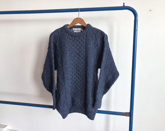 Medium 90s Irish Wool Cable Knit Sweater / Blue Heavy Wool Crewneck Jumper Arancrafts
