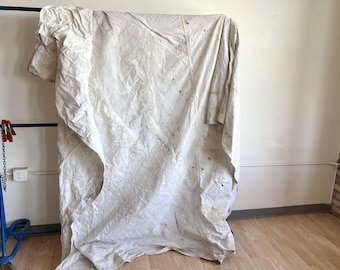 Vintage Huge Cotton Painter's Tarp / Paint Splattered Fabric Drop Cloth White Cream