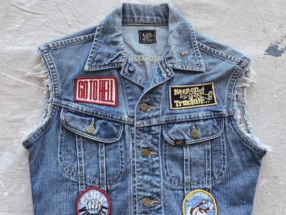 Small 60s / 70s Lee Patched Biker Denim Vest / Cu… - image 2