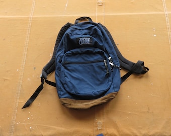 Vintage 90s Leather Bottom Backpack / Blue Black 1990s Wolf Creek