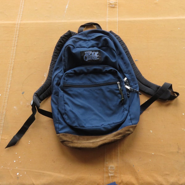 Vintage 90s Leather Bottom Backpack / Blue Black 1990s Wolf Creek