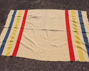 Vintage 30er / 40er Jahre Wolle Punktedecke / Trade Blanket Rot Blau Gelb Gestreifte Streifen Beige Creme Orr Filz Decke 1930er 1940er Jahre