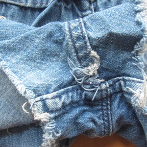 Op de afbeelding: Close-up van een paar blauwe denim shorts met rafelige randen. De stof is verweerd en heeft een verbleekte look.