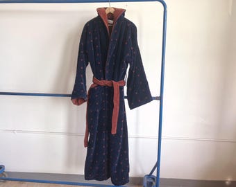 Vintage 80s Bill Blass Cotton Terry Cloth Bathrobe / Patterned Blue Hooded 1980s