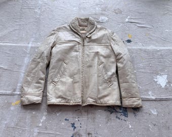 Small 60s Leather Deck Jacket / 1960s McGregor Cream Leather Shawl Collar Sherpa Fleece Lined Jacket N1 Deck Jacket Style