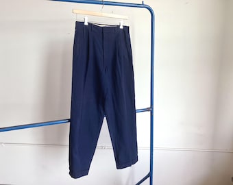 32 Waist 40s Distressed Wool Pants / Navy Blue Gabardine Drop Loop 1940s Men's Trousers