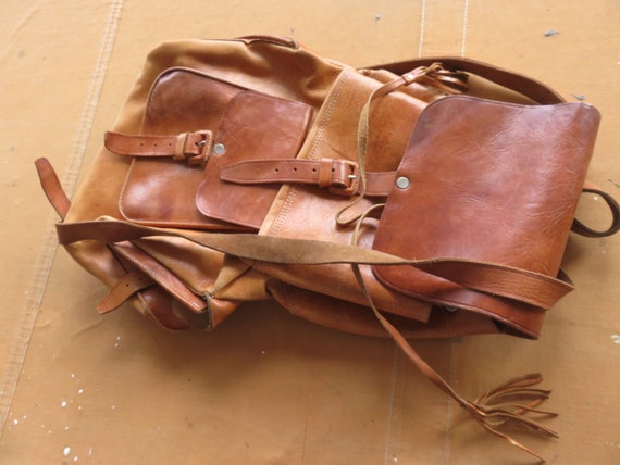 Large 70s Leather Backpack / Handmade XL Oversize… - image 8