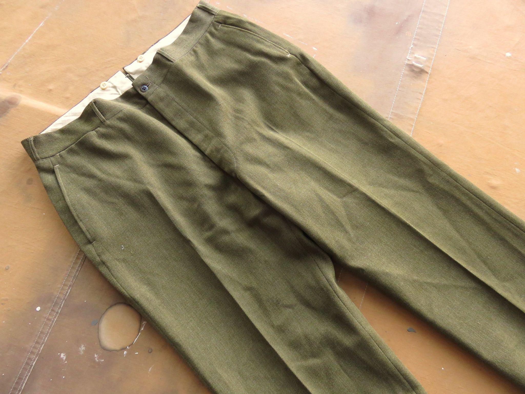 38 X 30 40s Whipcord Wool Pants / Green Wool Twill 1940s Button