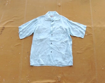 Small 50s Satin Baby Blue Sport Shirt / 1950s Men's Acetate Rockabilly Shiny Short Sleeve Button Down Up