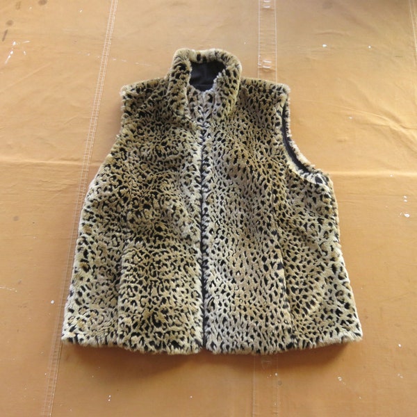 XL / XXL 00s Leopard Fleece Faux Fur Reversible Vest / Zipper Zip Up Y2K 2000s Black Cheetah Fur Print