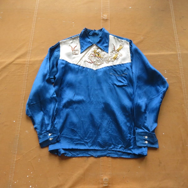 Kleines 50er Souvenir Slant Zipper Shirt / japanische Sukajan Souvenir Jacke Rayon Acetat 1950s Gestickter Drache