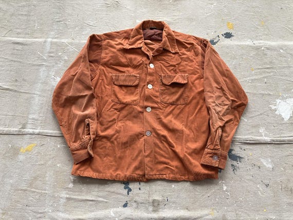 Large 50s / 60s Corduroy Loop Collar Shirt / Faded Rust