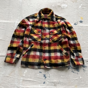 Small 50s Heavy Wool Flannel Plaid Shirt / Red Yellow White Black 1950s Shaggy Wool Fleece