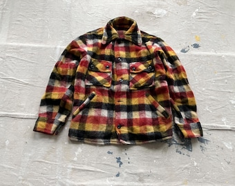 Camisa xadrez pequena de flanela de lã grossa dos anos 50 / vermelho, amarelo, branco e preto, lã felpuda dos anos 50