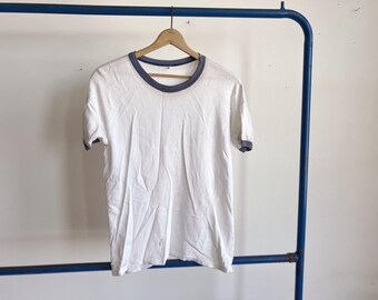 Medium / Large 60s Durene Jersey T-shirt / 1960s Blue White Ringer Rayon Cotton