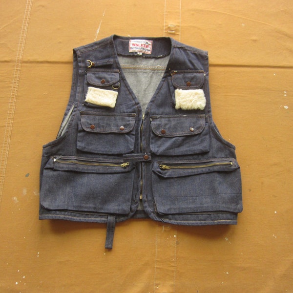 Medium 70s Denim Fishing Vest / Utility Vest Hunting Fishing Jacket 1970s Cotton Denim