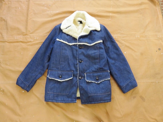 Large 70s Roebucks Denim Rancher Coat / Sherpa Li… - image 1