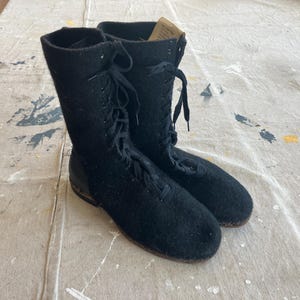 Men&#39;s 11 / 11.5 40s Heavy Felt Winter Boots / Black Wool Flannel 1940s Men&#39;s Winter Boots Leather Hunting 1950s
