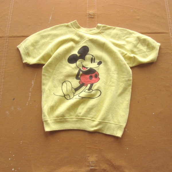 XS / Small 60s / 70s Mickey Mouse Short Sleeve Sweatshirt / 1960s 60s 1970s Yellow Walt Disney