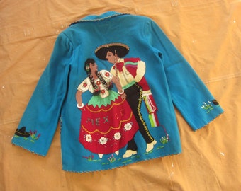 XS / Small 40s Mexican Wool Souvenir Jacket / La Mexicana, Embroidered, Felt Patches, Figurative, 1940s 1950s, Blue Flannel