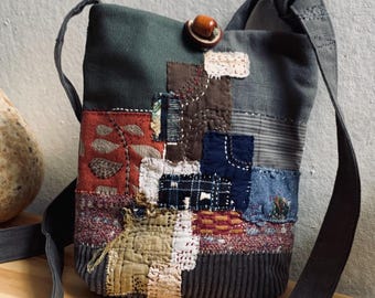 CROSS SHOULDER BAG, Totally hand-crafted from reclaimed textiles using traditional slow stitching and Boro patchwork.