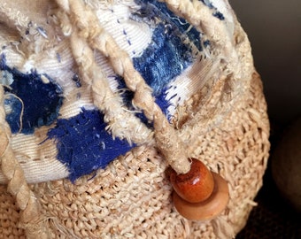 Rustic BORO WOVEN BAG,  Handmade with woven straw & Japanese Boro patchwork, Zero Waste Natural Sustainable Wabi Sabi bag.