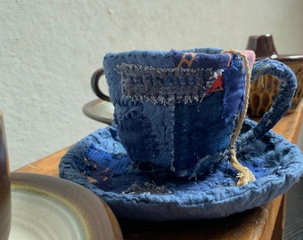 TEACUP SAUCER, Art collectible decor handmade with reclaimed fabrics and boro patchwork and stitching.