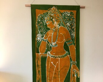 VINTAGE BATIK WALLHANGING, 20" x 43" "Apsara the Heavenly seductress, Hand Made in 1950's, Home Decor, FabricArt, Indian art, Made in India.