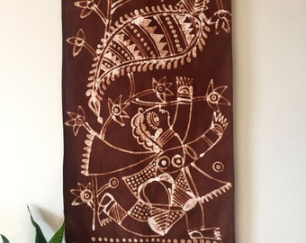 VINTAGE BATIK WALLHANGING, 16.5" x 36" "Into the  Wild |  1950's Batik, Wall Art, Hand Made, Indian art, Fabric Art, Made in India.