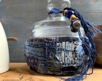VINTAGE FRENCH JAR with Boro stitching cover, Unique handmade wabi Sabi japanese boro craft, One of a kind home decor, Art collectible, Gift