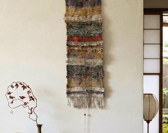 Handwoven Textile tapestry, Zen wall decor made with reclaimed yarns and Japanese Boro craft.