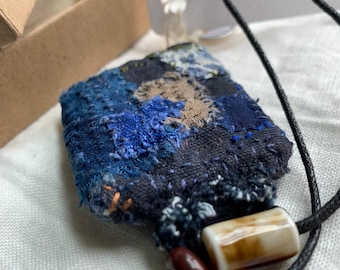 BORO DOUBLESIDED PENDANT, Handmade wearable textile art accessory with Boro patchwork and stitching. Mottainai sustainable fashion.