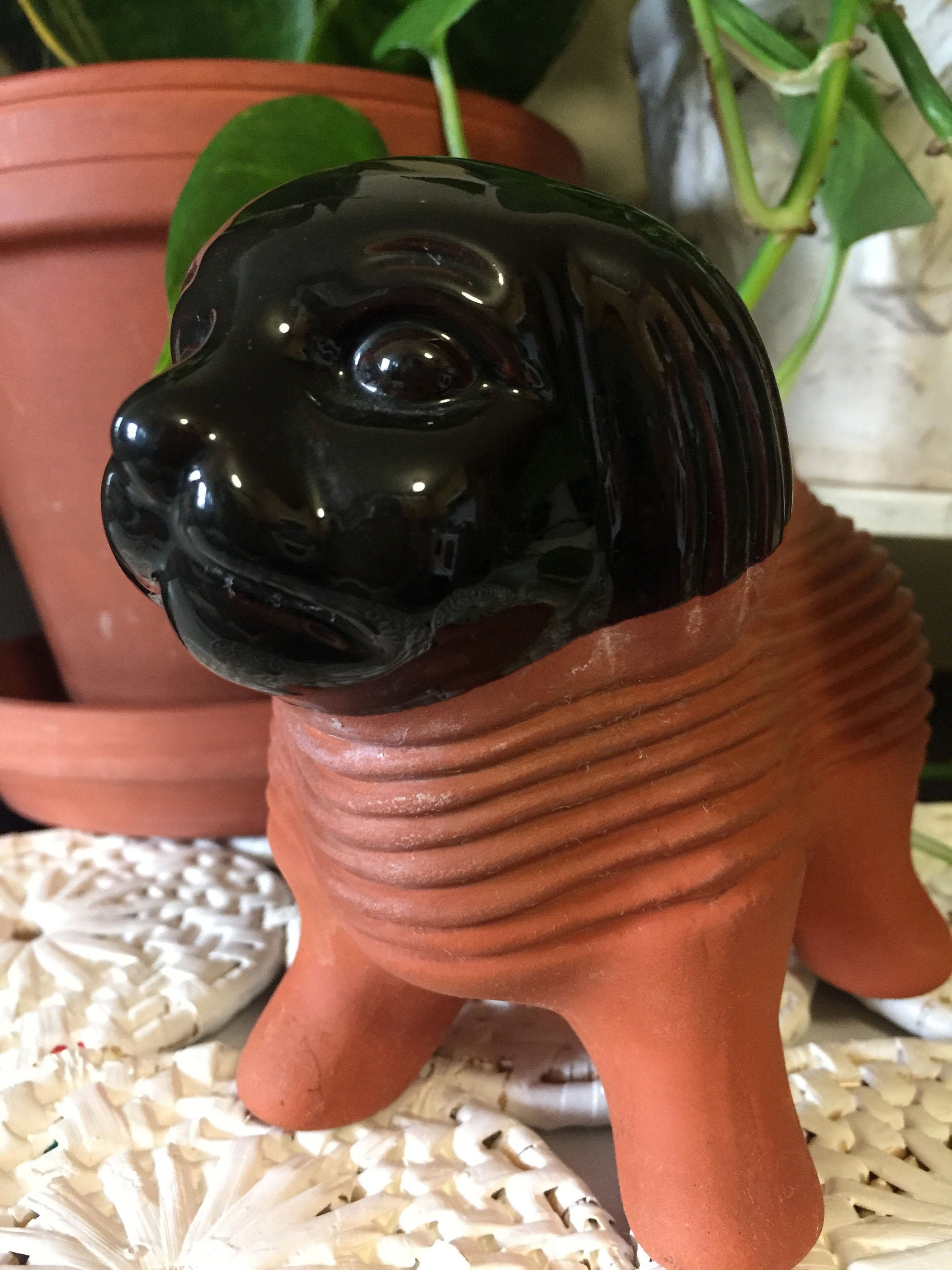 TERRACOTA DOG VASE Glazed Flower vase Etched hand crafted Etsy