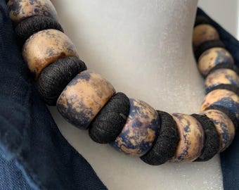 VINTAGE HANDMADE NECKLACE, Old handmade necklace upcycled with boro stitching, Japanese craft,