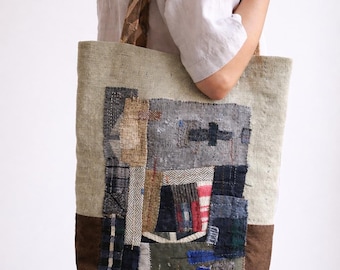 HANDMADE ART BORO bag , Double sided Japanese patchwork bag made with reclaimed fabrics and "Mottainai" phylosophy